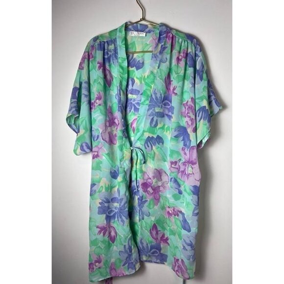 Val Mode Kimono Robe Purple Floral with Belt Short Sleeve Polyester Medium - Picture 1 of 10